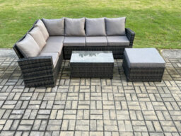 Fimous 7 Seater Outdoor Furniture Garden Dining Set Rattan Corner Sofa Set With Rectangular Coffee Table Big Footstool - thumbnail 2