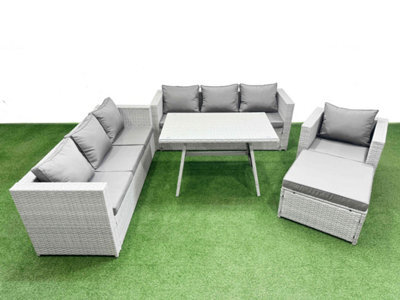 Fimous Outdoor Rattan Garden Furniture Dining Set 8-Seater Patio Rectangular Table 3 Seater Sofa Armchair Set With Big Stool - image 1