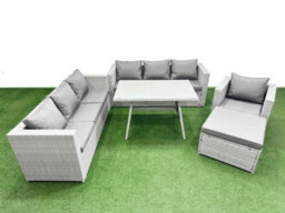 Fimous Outdoor Rattan Garden Furniture Dining Set 8-Seater Patio Rectangular Table 3 Seater Sofa Armchair Set With Big Stool - thumbnail 1
