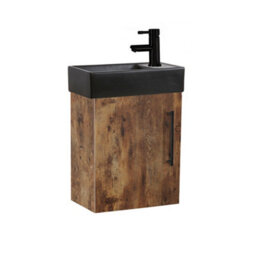 Homestylestore 400mm Dark Oak Wall Hung Bathroom Vanity Unit Black Basin And Black T Bar Handle - thumbnail 1