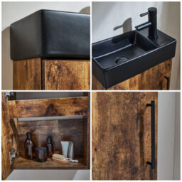 Homestylestore 400mm Dark Oak Wall Hung Bathroom Vanity Unit Black Basin And Black T Bar Handle - thumbnail 2