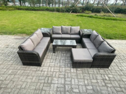 Fimous 10 Seater Rattan Garden Furniture Set Indoor Outdoor Patio Sofa Set With Coffee Table 2 Side Tables Big Footstool - thumbnail 1