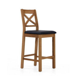 Zelah Oak Cross Back Bar Stool With Black Faux Leather Seat - By Roseland Furniture