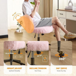 Pink Fluffy Desk Chair Faux Fur Home Office Chair With Wheels Vanity Chair - thumbnail 3