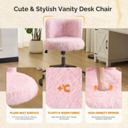 Pink Fluffy Desk Chair Faux Fur Home Office Chair With Wheels Vanity Chair - thumbnail 4