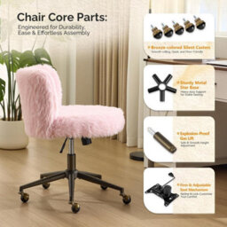Pink Fluffy Desk Chair Faux Fur Home Office Chair With Wheels Vanity Chair - thumbnail 5