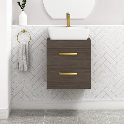 Royal Bathrooms 500mm Wall Hung Vanity Unit 2 Drawer Grey Elm & Cube Countertop Basin With Brushed Brass Handle - image 1