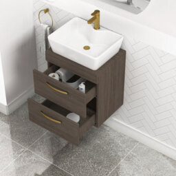 Royal Bathrooms 500mm Wall Hung Vanity Unit 2 Drawer Grey Elm & Cube Countertop Basin With Brushed Brass Handle - thumbnail 3