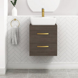 Royal Bathrooms 500mm Wall Hung Vanity Unit 2 Drawer Grey Elm & Cube Countertop Basin With Brushed Brass Handle - thumbnail 1