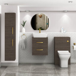 Royal Bathrooms 500mm Wall Hung Vanity Unit 2 Drawer Grey Elm & Cube Countertop Basin With Brushed Brass Handle - thumbnail 2