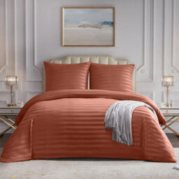 Ameha Stripe Duvet Set With Pillowcase Reversible Bedding & Soft Microfiber Cover Rust Super King Size 260X220Cm - thumbnail 5