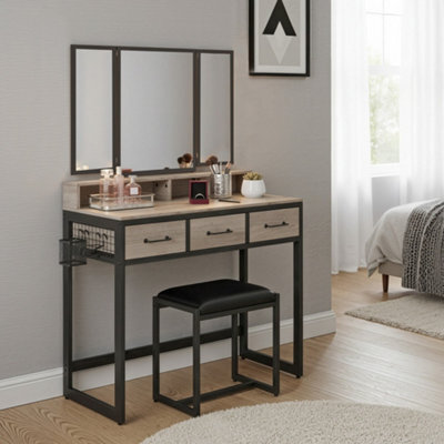 Ledrem Makeup Vanity Desk With Tri-Fold Mirror, 3 Drawers And Stool, Dressing Table For Bedroom, Industrial, Black And Greige - image 1