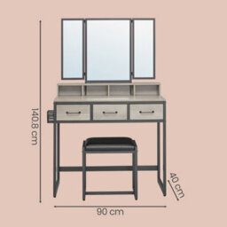 Ledrem Makeup Vanity Desk With Tri-Fold Mirror, 3 Drawers And Stool, Dressing Table For Bedroom, Industrial, Black And Greige - thumbnail 4