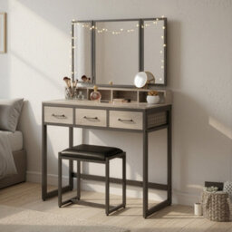 Ledrem Makeup Vanity Desk With Tri-Fold Mirror, 3 Drawers And Stool, Dressing Table For Bedroom, Industrial, Black And Greige - thumbnail 5