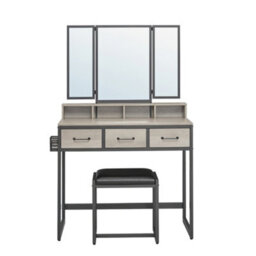 Ledrem Makeup Vanity Desk With Tri-Fold Mirror, 3 Drawers And Stool, Dressing Table For Bedroom, Industrial, Black And Greige - thumbnail 2