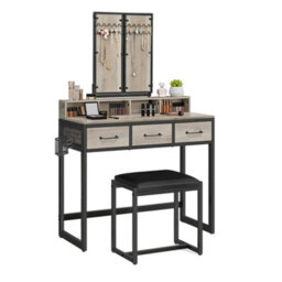 Ledrem Makeup Vanity Desk With Tri-Fold Mirror, 3 Drawers And Stool, Dressing Table For Bedroom, Industrial, Black And Greige - thumbnail 3