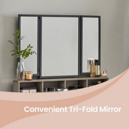 Ledrem Makeup Vanity Desk With Tri-Fold Mirror, 3 Drawers And Stool, Dressing Table For Bedroom, Industrial, Black And Greige - thumbnail 6