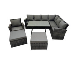 Fimous 9 Seater Garden Outdoor Rattan Furniture Set Rattan Corner Sofa Oblong Dining Table With Armchair 2 Big Footstools - thumbnail 1