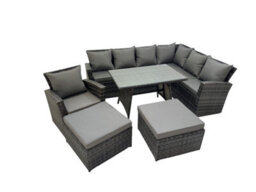 Fimous 9 Seater Garden Outdoor Rattan Furniture Set Rattan Corner Sofa Oblong Dining Table With Armchair 2 Big Footstools - thumbnail 2