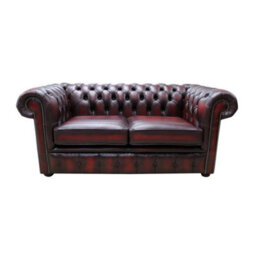 Chesterfield 2 Seater Antique Oxblood Real Leather Tufted Buttoned Sofa Settee In Classic Style - thumbnail 1