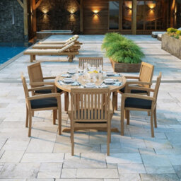Eterna Rimini Teak Garden Outdoor Dining Table & 6 Seat Chair Set - With Green Cushions