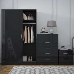 Reflect 2 Door Sliding Wardrobe, 5 Drawer Chest, 2 Drawer Bedside - Black Gloss & Black Oak - Modern Bedroom Furniture Set - thumbnail 3