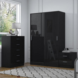 Reflect 2 Door Sliding Wardrobe, 5 Drawer Chest, 2 Drawer Bedside - Black Gloss & Black Oak - Modern Bedroom Furniture Set - thumbnail 2