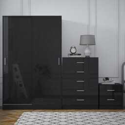 Reflect 2 Door Sliding Wardrobe, 5 Drawer Chest, 2 Drawer Bedside - Black Gloss & Black Oak - Modern Bedroom Furniture Set - thumbnail 4
