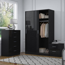 Reflect 2 Door Sliding Wardrobe, 5 Drawer Chest, 2 Drawer Bedside - Black Gloss & Black Oak - Modern Bedroom Furniture Set - thumbnail 1