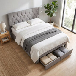 Living And Home Grey Double Upholstered Bed Frame With 2 Drawers - thumbnail 2