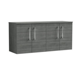 Balterley Bramshall Modern Bathroom 1200mm Wall Hung 4-Door Vanity Unit With Worktop, Soft Close Doors, Anthracite Woodgrain - thumbnail 1