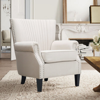 Living And Home Beige Fabric Upholstered Wingback Armchair Sofa Chair Nail Head Arm Chair With Wooden Legs - image 1
