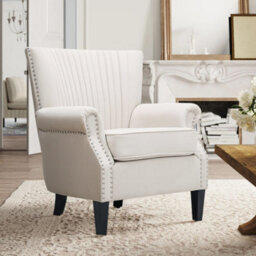 Living And Home Beige Fabric Upholstered Wingback Armchair Sofa Chair Nail Head Arm Chair With Wooden Legs