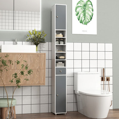 Costway 180 Cm Bathroom Tall Slim Cabinet Freestanding Storage Cabinet W/ Drawer-Grey & White - image 1