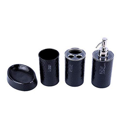 London Boutique 4 Pieces Bathroom Accessory Set Soap Dispenser Toothbrush Holder Tumbler Soap Dish White Black Brown (Black) - image 1