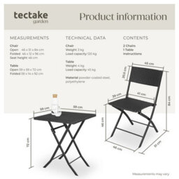 Tectake Garden Furniture Set Trevi - 2 Chairs, 1 Table, Bistro Set, Foldable - Black - thumbnail 6
