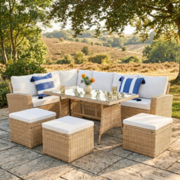 Pelias 8 Seater Corner Garden Dining Set In Natural Rattan With Glass Top Table And Weatherproof Cushions