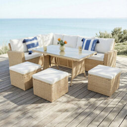 Pelias 8 Seater Corner Garden Dining Set In Natural Rattan With Glass Top Table And Weatherproof Cushions - thumbnail 2