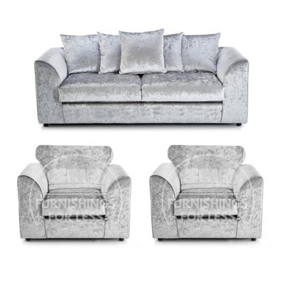 Furnishings For Less UK Crystal Crushed Velvet 3 Piece Sofa Set - 3 1 1 Silver - Scatter Back - image 1