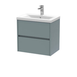 Nuie Havana Wall Hung 2 Drawer Vanity Basin Unit & Mid-Edge Ceramic Basin, Modern Sink Vanity Unit In Coastal Grey With White - thumbnail 1