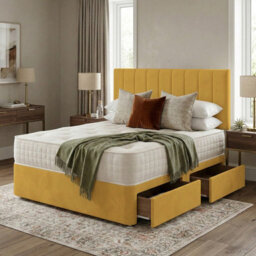 Adore Designs Portland Plush Velvet Divan Bed, Headboard - 4Ft Small Double - Turmeric - 0 Drawers - thumbnail 1