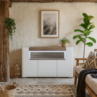 Wyld Haus Porto Wide Gloss White Sideboard With Oak Detail 3 Doors 2 Shelves - image 1