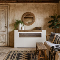 Wyld Haus Porto Wide Gloss White Sideboard With Oak Detail 3 Doors 2 Shelves - thumbnail 2