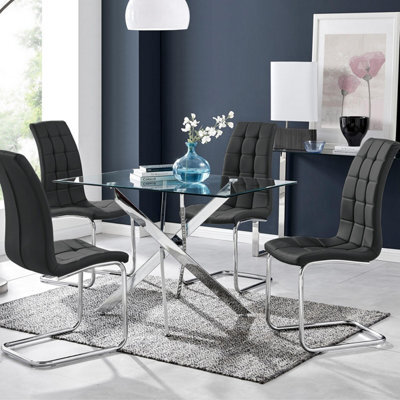 Furniturebox Uk Leonardo Glass And Chrome Metal Dining Table And 4 Black Murano Chairs Set - image 1