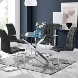 Furniturebox Uk Leonardo Glass And Chrome Metal Dining Table And 4 Black Murano Chairs Set - thumbnail 1
