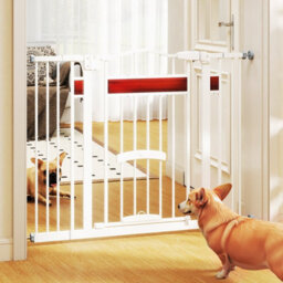 Costway Extra Wide Walk Through Pet Gate For 74-104 Cm Openings W/ Small Door-White - thumbnail 1