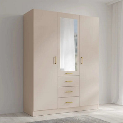 Arte Konso 3 Door Hinged Door Wardrobe 151Cm Beige With Mirror And Drawers - image 1