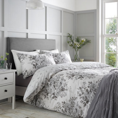 Catherine Lansfield Elinda Floral Reversible Duvet Cover Set With Pillowcases Grey - image 1