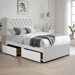 White Plush 5Ft King Size Bed With Matttress  2 Storage Drawers And 20 Inch Chesterfield Headboard - thumbnail 1