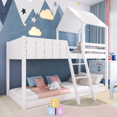 Abrihome Wooden Bunk Bed, Loft Bed With Ladder And Guard Rail, Mid-Sleeper Cabin Bed, 3 Ft Single Treehouse Canopy (White 90 X 190 Cm) - image 1